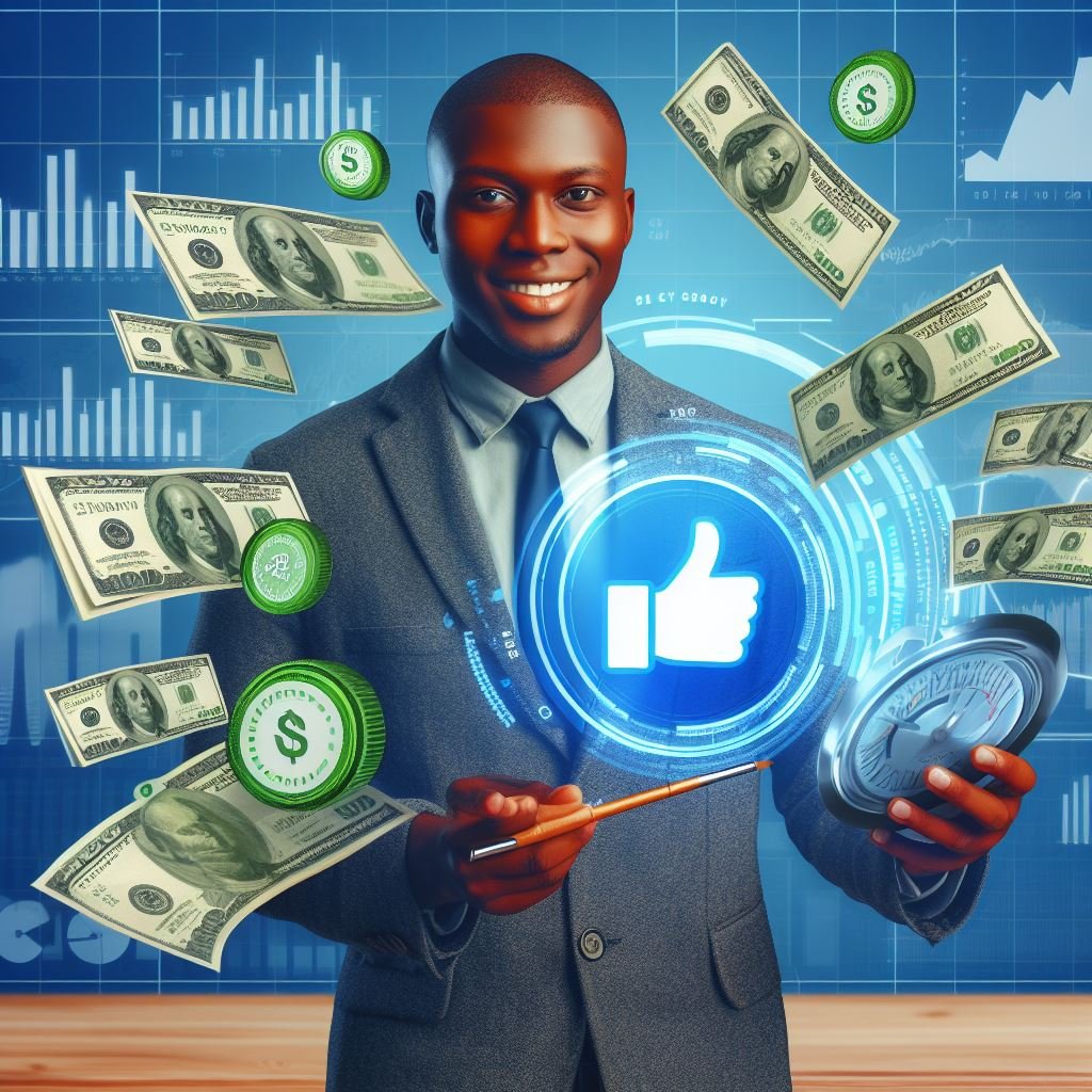 A successful marketer who understands his facebook ads budget, smiling with dollar cash notes spreading all around him.