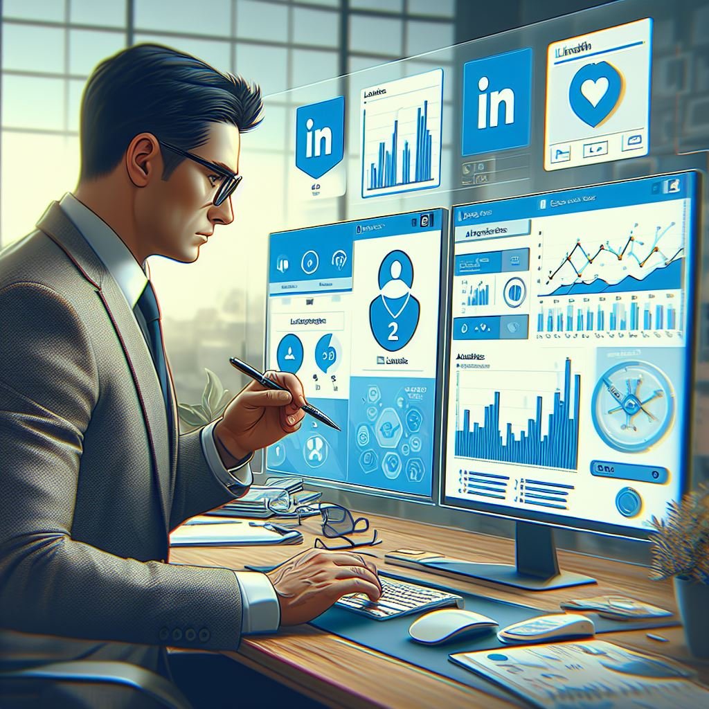 Image of a focused marketer sitting at a desk, surrounded by computer screens displaying LinkedIn analytics graphs and charts.