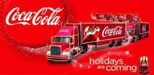 Coca Cola red background flier with a truck of drinnks, displaying their classic holiday campaign message, "Holidays are coming".