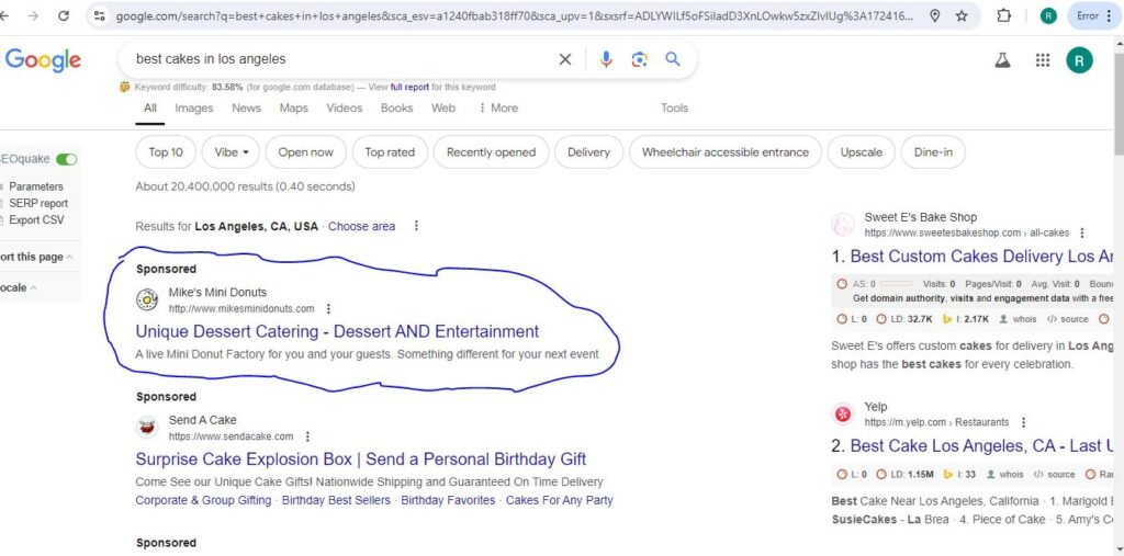 Search results for "best cakes in Los Angeles", showing the top spot as a result of digital advertising.